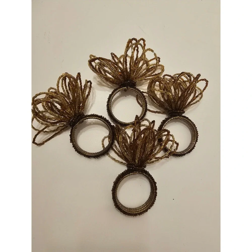 Set of 4 Beaded Flower Napkin Rings Amber Bronze Glass Seed Bead Floral